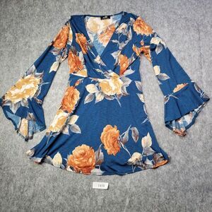Alt by altitude Women Faux Wrap Mini Dress Tunic‎ Top L Blue Floral Flare Sleeve